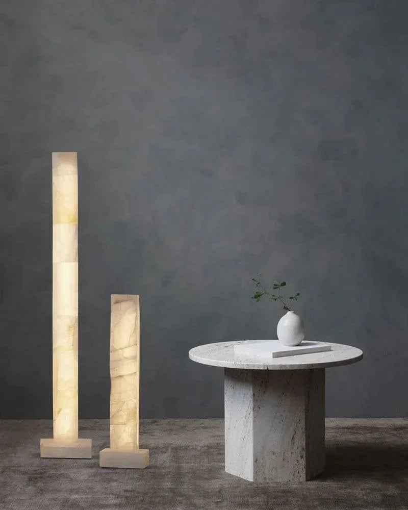 LightsStory Series Geometric Floor Lamp | Square Column Artisan-polished white alabaster panels with natural veining, Flawless polished surface for Living rooms, bedrooms, and hallways American standing floor lamp