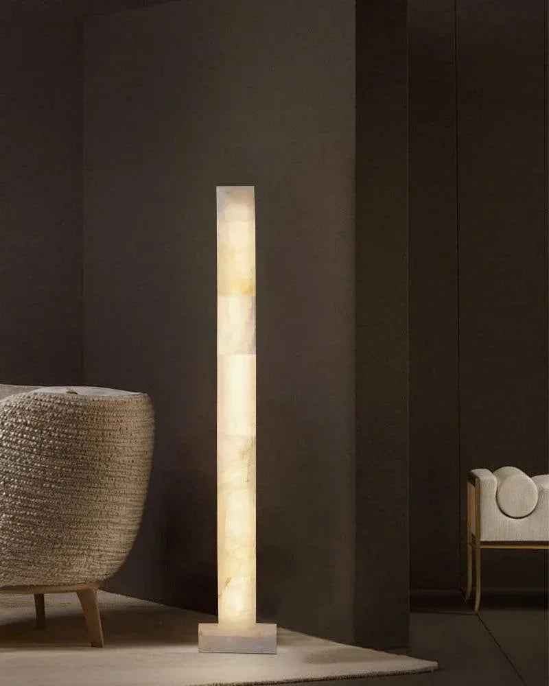 LightsStory Series Geometric Floor Lamp | Square Column Artisan-polished white alabaster panels with natural veining, Flawless polished surface for Living rooms, bedrooms, and hallways American standing floor lamp