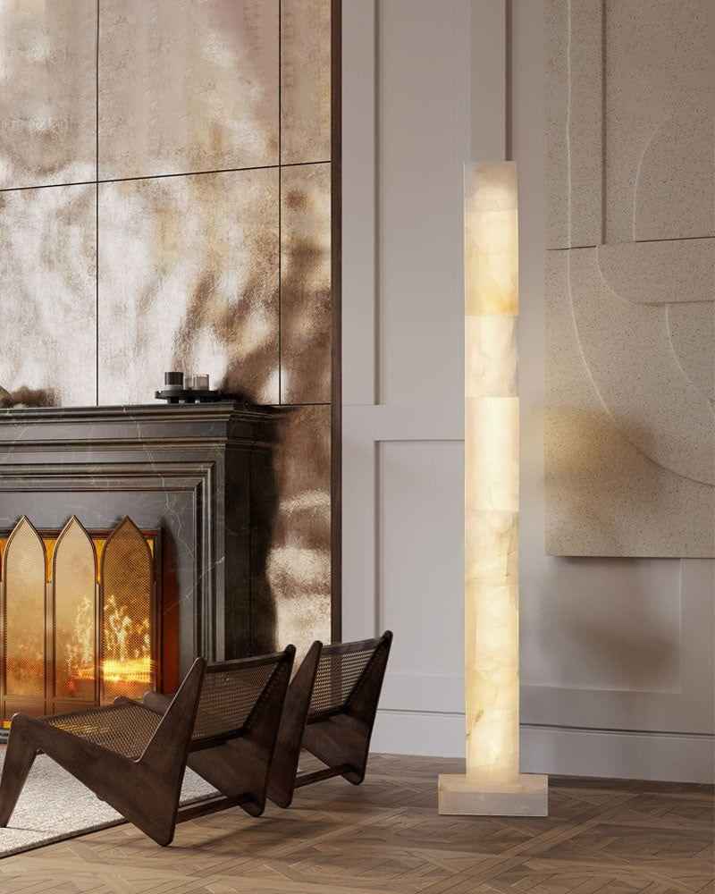 LightsStory Series Geometric Floor Lamp | Square Column Artisan-polished white alabaster panels with natural veining, Flawless polished surface for Living rooms, bedrooms, and hallways