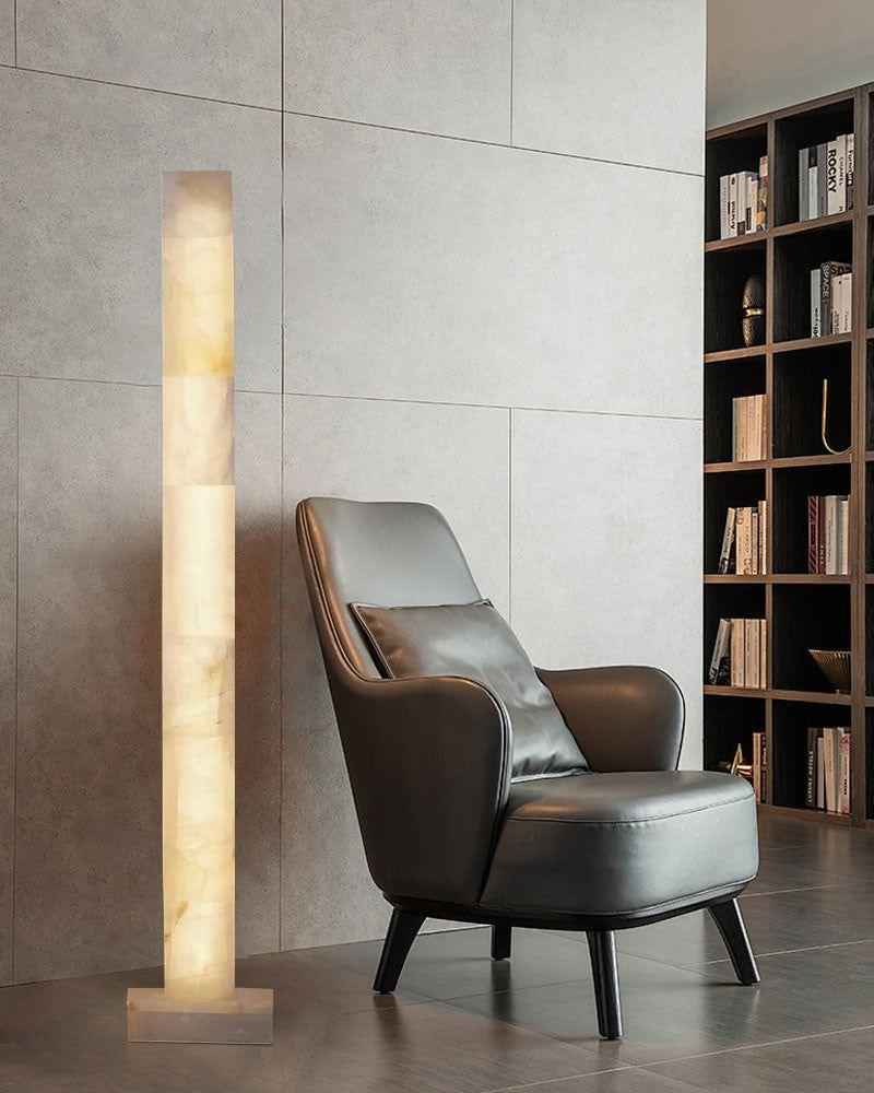 LightsStory Series Geometric Floor Lamp | Square Column Artisan-polished white alabaster panels with natural veining, Flawless polished surface for Living rooms, bedrooms, and hallways American standing floor lamp