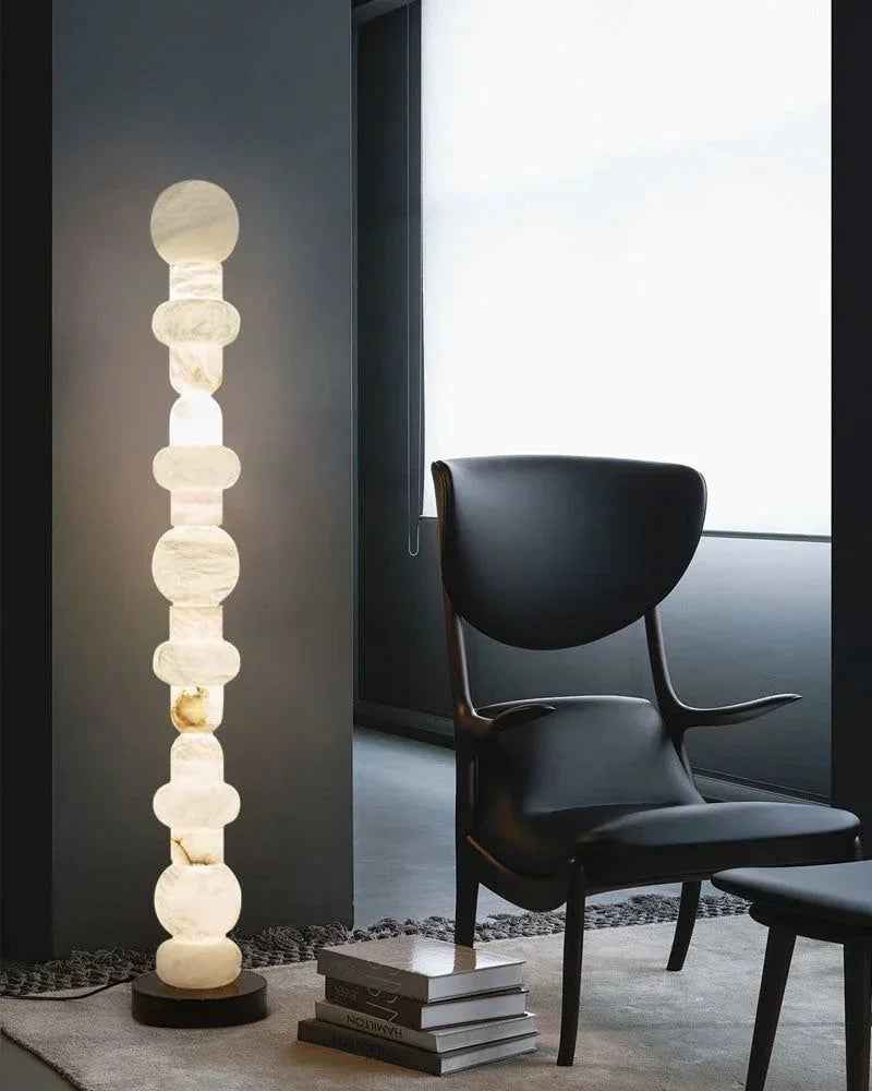 LightsStory Series Geometric Floor Lamp | Stacked Alabaster Totem Natural White Alabaster Stone, Natural Stone Vein finish for Living rooms, studies, and bedrooms Vintage Floor Lamp
