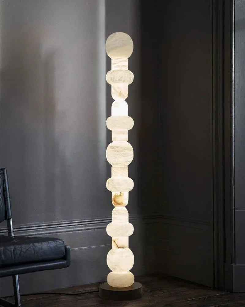LightsStory Series Geometric Floor Lamp | Stacked Alabaster Totem Natural White Alabaster Stone, Natural Stone Vein finish for Living rooms, studies, and bedrooms Vintage Floor Lamp