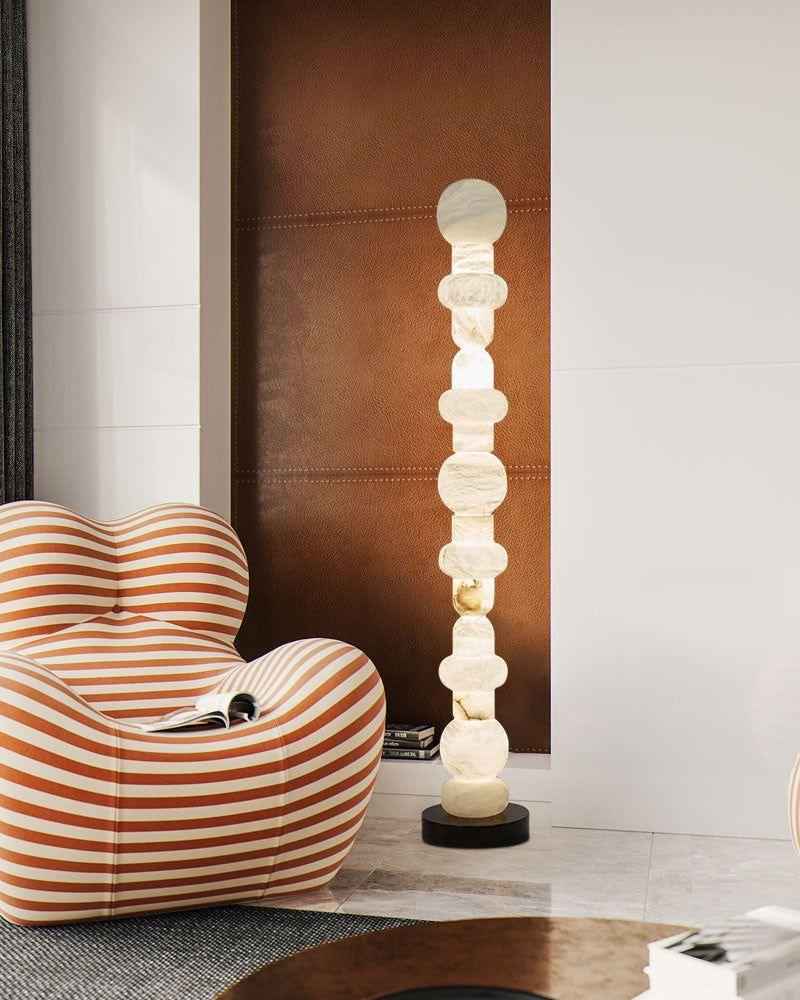 LightsStory Series Geometric Floor Lamp | Stacked Alabaster Totem Natural White Alabaster Stone, Natural Stone Vein finish for Living rooms, studies, and bedrooms Vintage Floor Lamp