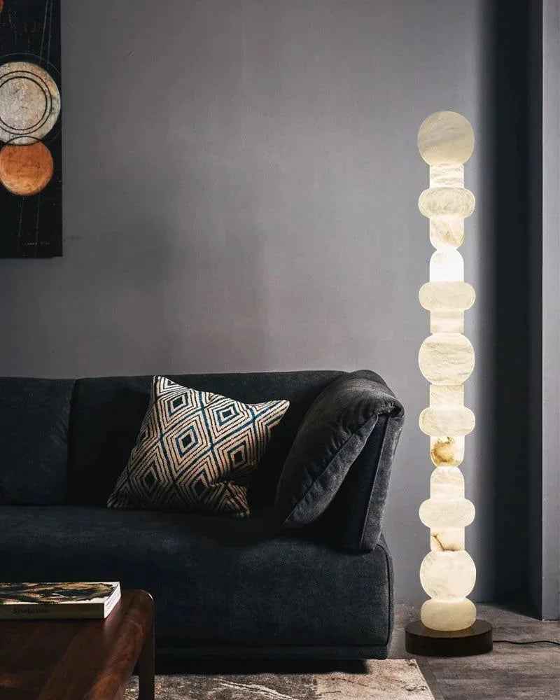 LightsStory Series Geometric Floor Lamp | Stacked Alabaster Totem Natural White Alabaster Stone, Natural Stone Vein finish for Living rooms, studies, and bedrooms Vintage Floor Lamp