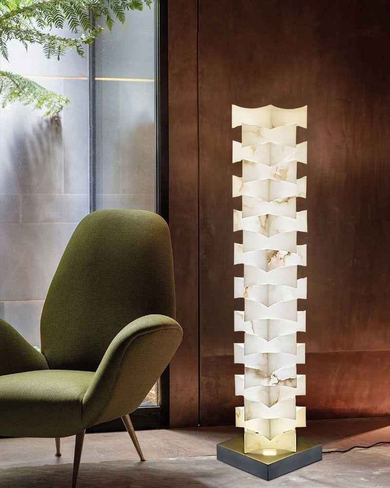 LightsStory Series Geometric Floor Lamp | Stacked Square Handcrafted Alabaster Marble, Natural Marble Texture for Living Rooms and Sophisticated Studies Vintage Simple Floor Lamp