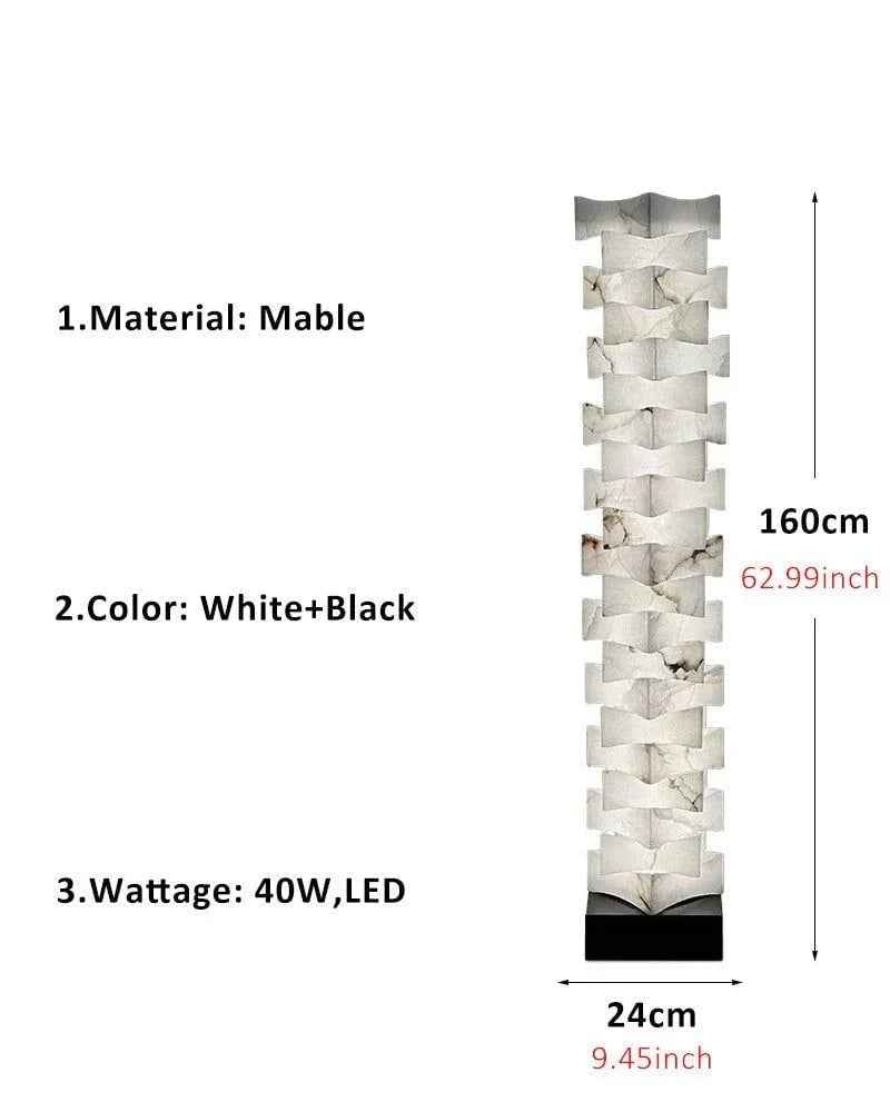 LightsStory Series Geometric Floor Lamp | Stacked Square Handcrafted Alabaster Marble, Natural Marble Texture for Living Rooms and Sophisticated Studies D24*W18*H160CM D9.45*W7.1H62.99" Black + White Vintage Simple Floor Lamp