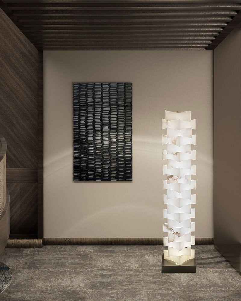 LightsStory Series Geometric Floor Lamp | Stacked Square Handcrafted Alabaster Marble, Natural Marble Texture for Living Rooms and Sophisticated Studies Vintage Simple Floor Lamp