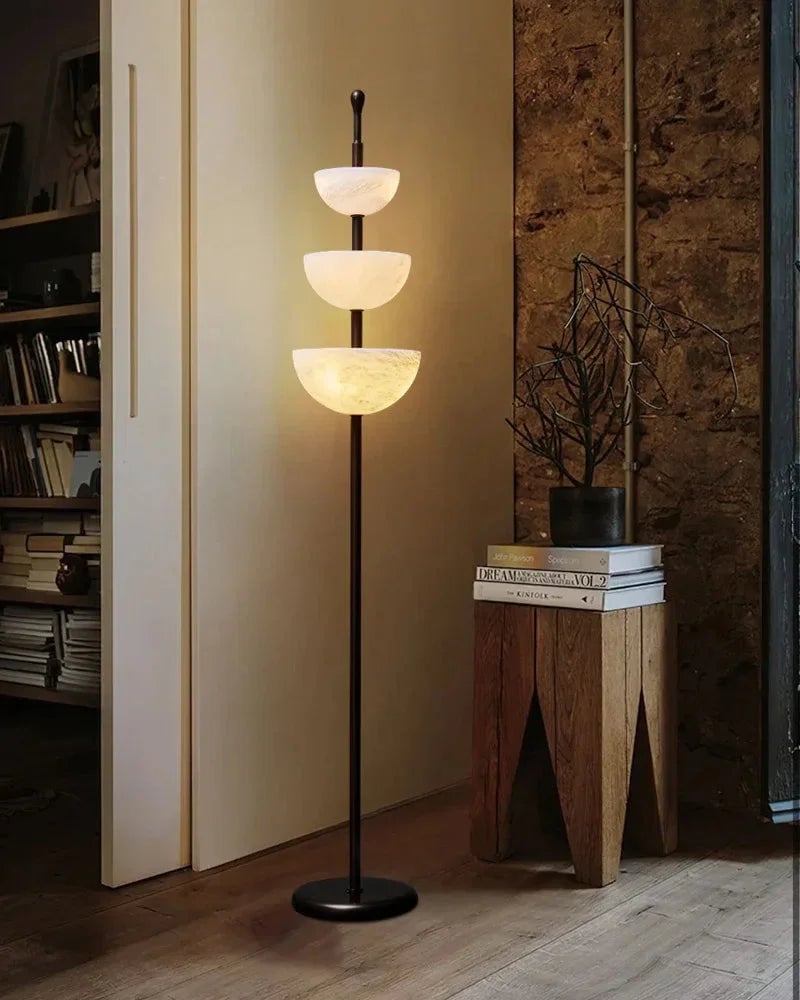 LightsStory Series Geometric Floor Lamp | Triple Bowl Natural marble and snowflake gypsum, Modern Black hardware for Living rooms and bedrooms American standing floor lamp
