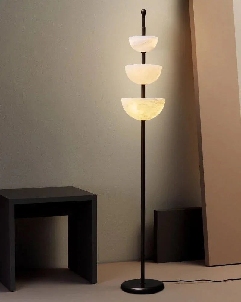 LightsStory Series Geometric Floor Lamp | Triple Bowl Natural marble and snowflake gypsum, Modern Black hardware for Living rooms and bedrooms American standing floor lamp