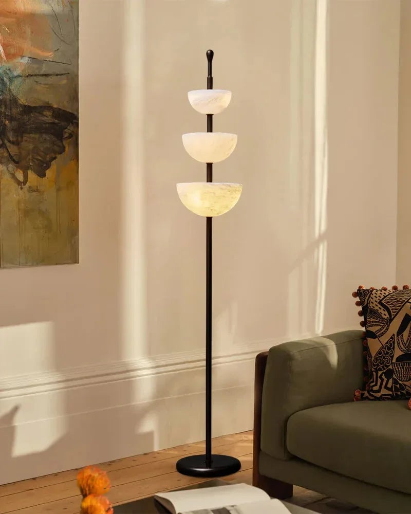 LightsStory Series Geometric Floor Lamp | Triple Bowl Natural marble and snowflake gypsum, Modern Black hardware for Living rooms and bedrooms American standing floor lamp