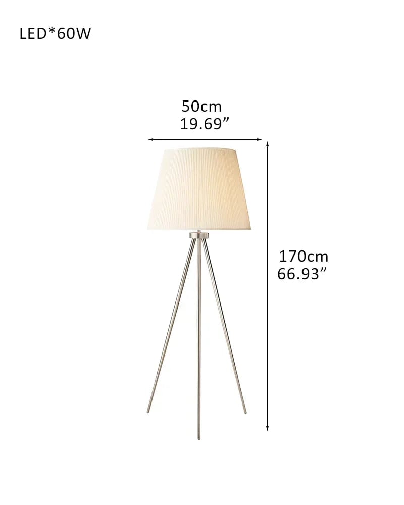 LightsStory Series Geometric Floor Lamp | Tripod Base Textured linen shade with durable metal frame, Brass, Black, and Silver finishes for Living rooms, bedrooms, and office corners D50*H170CM D19.69"*H66.93" White Linen + Silver American standing floor lamp