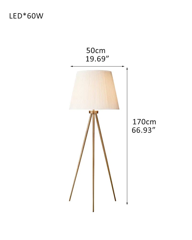 LightsStory Series Geometric Floor Lamp | Tripod Base Textured white linen pleated shade with durable metal tripod base, Brass, Black, and Silver finishes for Living rooms, bedrooms, and office corners D50*H170CM D19.69"*H66.93" White Linen + Brass American standing floor lamp