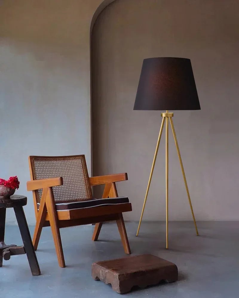 LightsStory Series Geometric Floor Lamp | Tripod Textured linen shade with sturdy metal construction, Polished brass, black, and silver finish for Living rooms, reading nooks, and office spaces American standing floor lamp