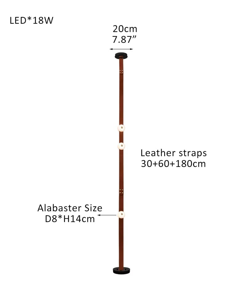 LightsStory Series Geometric Floor-to-Ceiling Light | Modular LED Handcrafted white alabaster with fine leather straps, Brown Leather finish for Rental apartments and modern living spaces 3-light-30+60+180cm Belt-A White Alabaster + Brown Leather American standing floor lamp