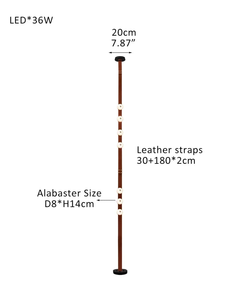 LightsStory Series Geometric Floor-to-Ceiling Light | Modular LED Handcrafted white alabaster with fine leather straps, Brown Leather finish for Rental apartments and modern living spaces 6-light-30+180X2cm Belt White Alabaster + Brown Leather American standing floor lamp