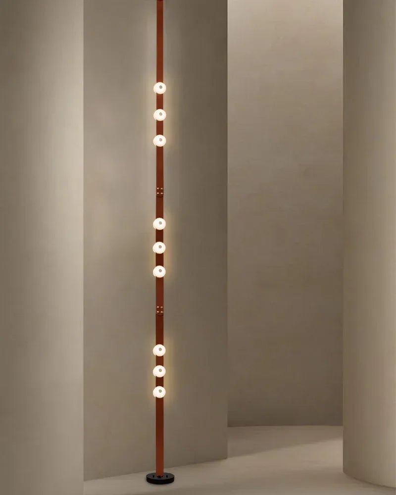 LightsStory Series Geometric Floor-to-Ceiling Light | Modular LED Handcrafted white alabaster with fine leather straps, Brown Leather finish for Rental apartments and modern living spaces American standing floor lamp