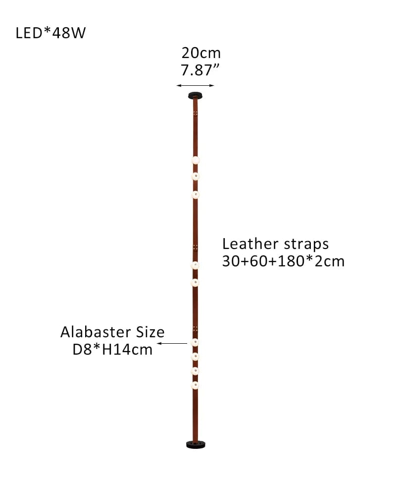 LightsStory Series Geometric Floor-to-Ceiling Light | Modular LED Handcrafted white alabaster with fine leather straps, Brown Leather finish for Rental apartments and modern living spaces 8-light-30+60+180X2cm Belt White Alabaster + Brown Leather American standing floor lamp