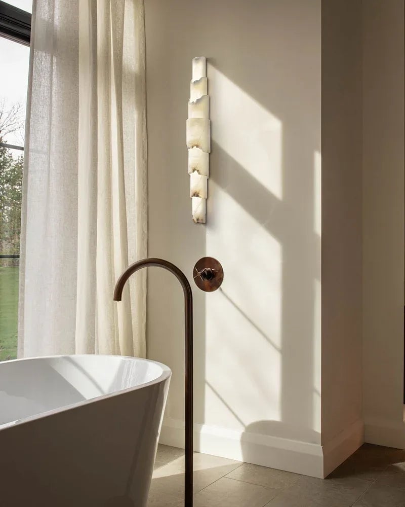 LightsStory Series Geometric Flush Mount | 5-Layer Cylinder Hand-finished White Alabaster stone and solid metal, Polished metal finish for Bedrooms, hallways, and dining spaces Flush Mounted Wall Sconce Lamp