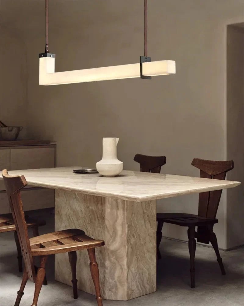 LightsStory Series Geometric Linear Pendant Light | Linear Natural Spanish Alabaster and Brown Leather, Matte Black finish for Kitchen Islands and Dining Rooms American chandelier