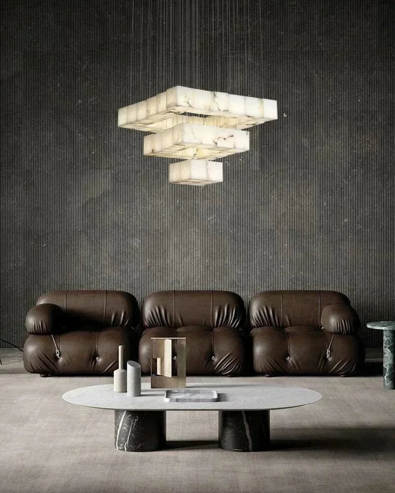 LightsStory Series Geometric Linear Pendant Light | Square Cube Cluster Natural Spanish Alabaster, Natural Stone Texture for Dining Rooms and Kitchen Islands Modern Pendant lamp