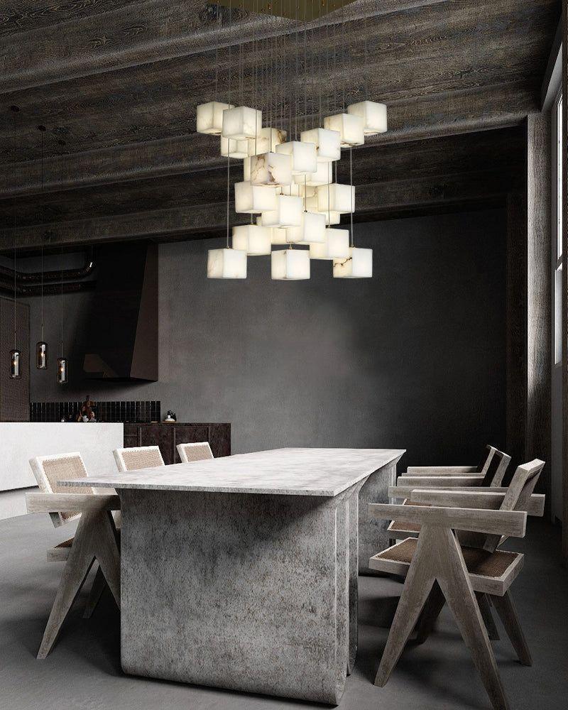 LightsStory Series Geometric Linear Pendant Light | Square Cube Cluster Natural Spanish Alabaster, Natural Stone Texture for Dining Rooms and Kitchen Islands Modern Pendant lamp