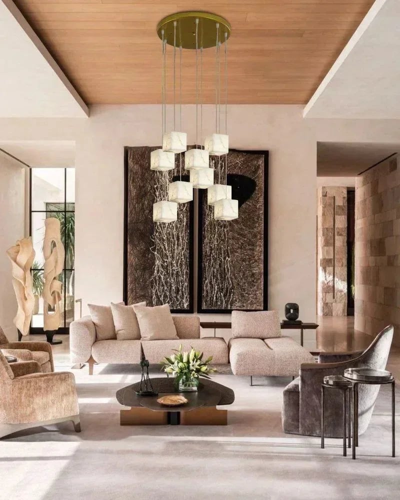 LightsStory Series Geometric Linear Pendant Light | Square Cube Cluster Natural Spanish Alabaster, Natural Stone Texture for Dining Rooms and Kitchen Islands Modern Pendant lamp
