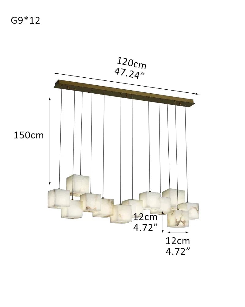 LightsStory Series Geometric Linear Pendant Light | Square Cube Cluster Natural Spanish Alabaster, Natural Stone Texture for Dining Rooms and Kitchen Islands 12-light-D12*H12cm D4.72*H4.72" White + Black Modern Pendant lamp