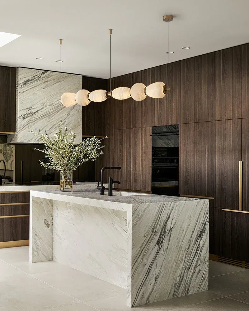 LightsStory Series Geometric Linear Pendant | Linear Hand-carved natural alabaster stone, Sleek brass finish for Kitchen islands, desks, and dining tables Modern Pendant lamp