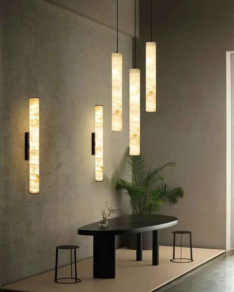 LightsStory Series Geometric Pendant Lamp | Alabaster Cylinders Natural Alabaster stone with solid brass fittings, Aged Brass and Black finish for Dining rooms and entryways Vintage Simple Hanging Lamp