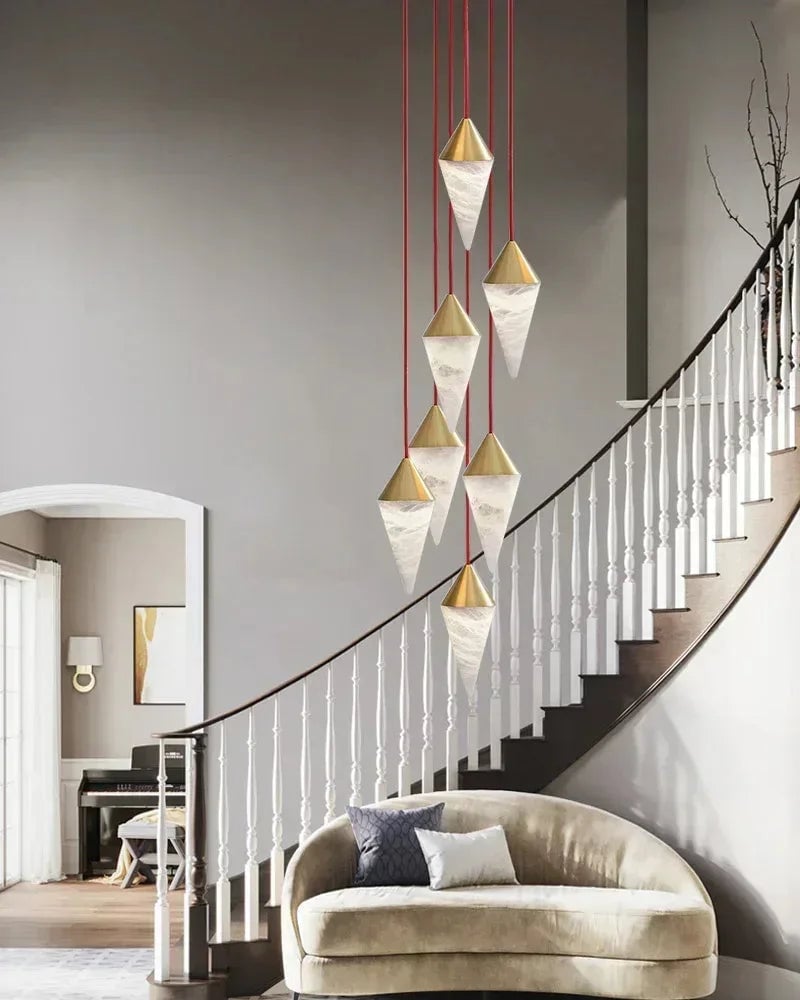 LightsStory Series Geometric Pendant Light | Cluster Cone Natural Alabaster and Lacquered Brass, Lacquered Brass and Black Metal for Dining Rooms and Entryways Modern Pendant lamp