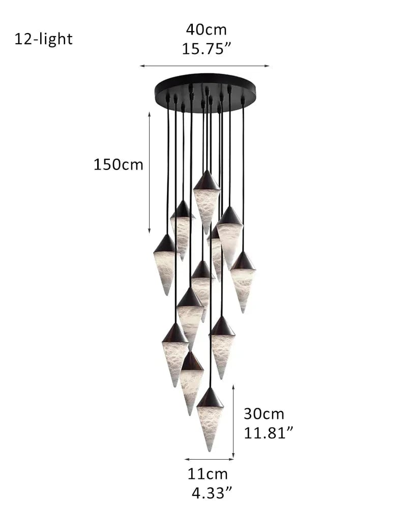LightsStory Series Geometric Pendant Light | Cluster Cone Natural Alabaster and Lacquered Brass, Lacquered Brass and Black Metal for Dining Rooms and Entryways 12-light-D11*H30CM D4.33"*H11.81" Black + White Modern Pendant lamp