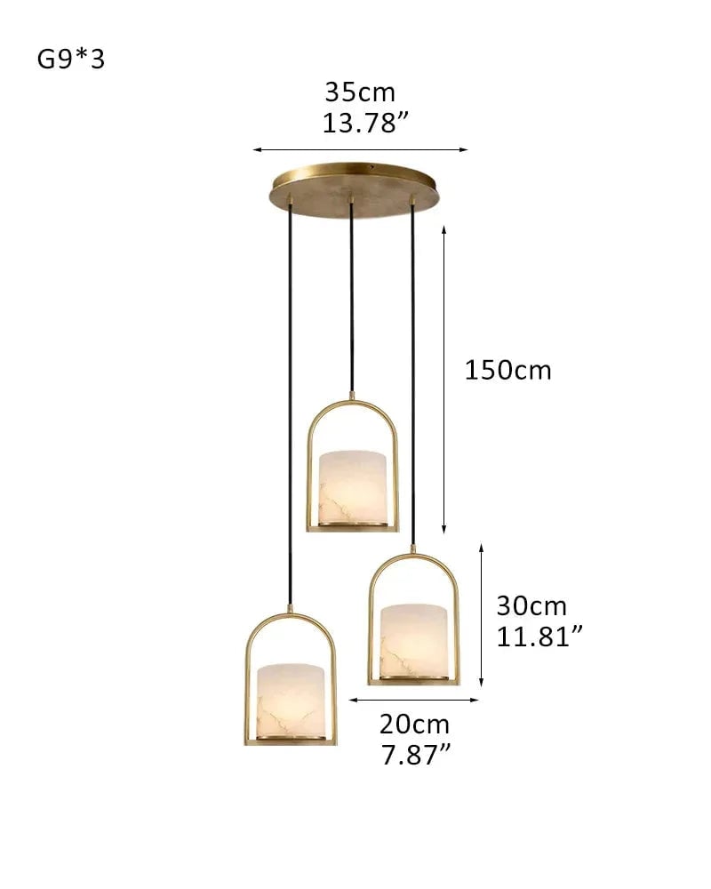 LightsStory Series Geometric Pendant Light | Cluster Dome Carved Organic Alabaster and Geometric Brass, Matte Black and Brass Edges for Kitchen Islands and Entryways 3P-D20*H30CM D8"*H12"-Round Board Brass Modern Pendant lamp