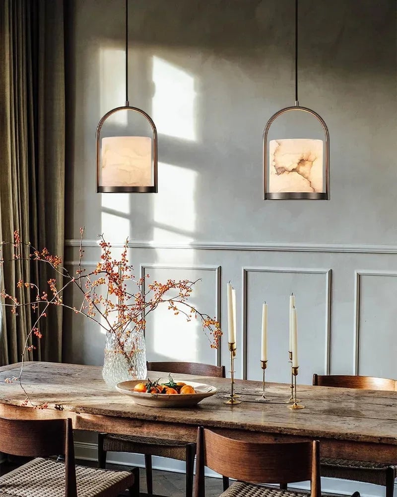 LightsStory Series Geometric Pendant Light | Cluster Dome Carved Organic Alabaster and Geometric Brass, Matte Black and Brass Edges for Kitchen Islands and Entryways Modern Pendant lamp