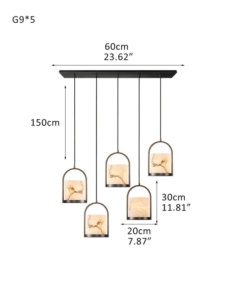 LightsStory Series Geometric Pendant Light | Cluster Dome Carved Organic Alabaster and Geometric Brass, Matte Black and Brass Edges for Kitchen Islands and Entryways 5P-D20*H30CM D8"*H12"-Square Board Black Modern Pendant lamp