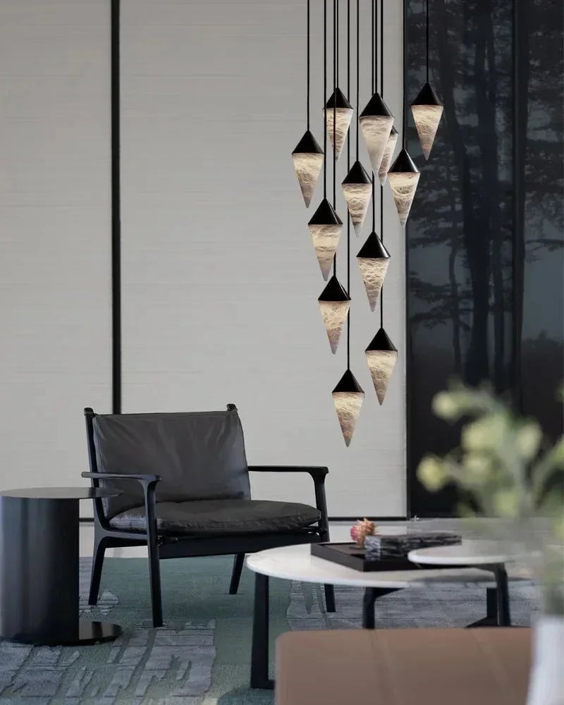 LightsStory Series Geometric Pendant Light | Cluster Natural Alabaster Shades with Brass and Black Metal Accents, Polished Brass and Sleek Black Metal for Dining Rooms and Entryways Modern Pendant lamp