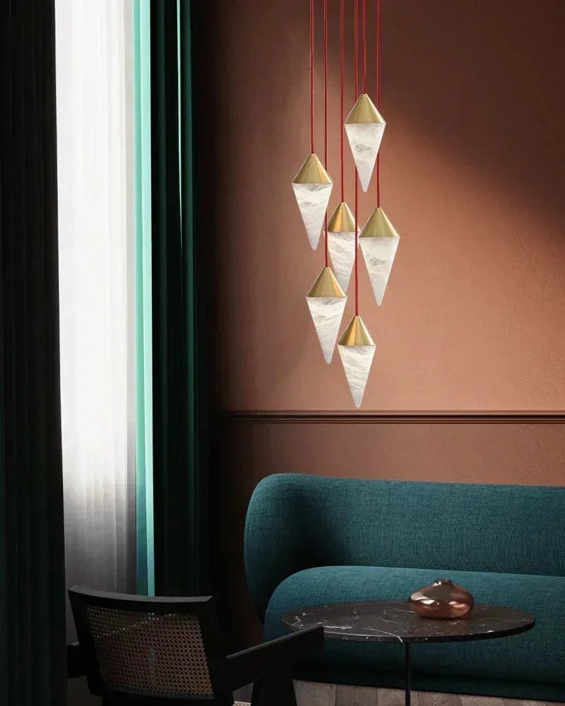 LightsStory Series Geometric Pendant Light | Cluster Natural Alabaster Shades with Brass and Black Metal Accents, Polished Brass and Sleek Black Metal for Dining Rooms and Entryways Modern Pendant lamp
