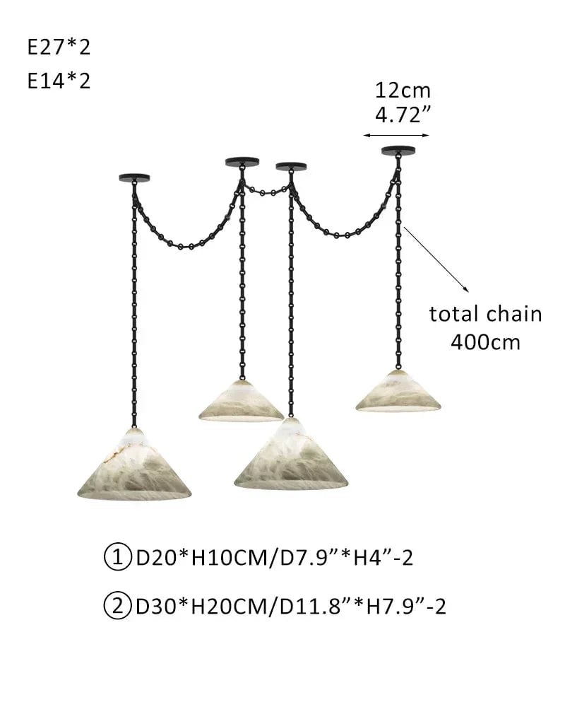LightsStory Series Geometric Pendant Light | Conical Natural Alabaster Stone, Natural Alabaster finish for Living Rooms and Kitchen Islands 4 light-D20*2+D30*2 D7.9"*2+D11.8"*2 White + Black Chain Modern Pendant lamp