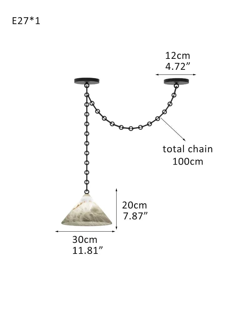 LightsStory Series Geometric Pendant Light | Conical Natural Alabaster Stone, Natural Alabaster finish for Living Rooms and Kitchen Islands 1 light-D30*H20CM D11.8"*H7.9"-B White + Black Chain Modern Pendant lamp