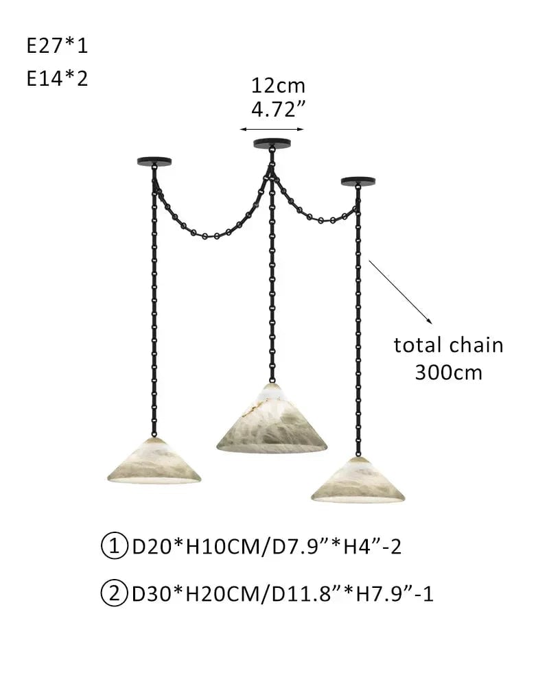 LightsStory Series Geometric Pendant Light | Conical Natural Alabaster Stone, Natural Alabaster finish for Living Rooms and Kitchen Islands 3 light-D20*2+D30 D7.9"*2+D11.8" White + Black Chain Modern Pendant lamp