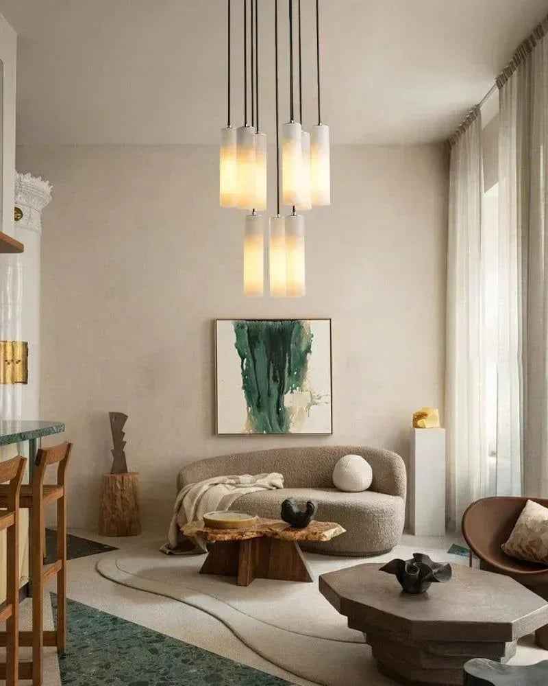 LightsStory Series Geometric Pendant Light | Cylinder Cluster Natural White Alabaster Marble, Brass finish for Modern bedrooms, living rooms, and halls Modern Pendant lamp