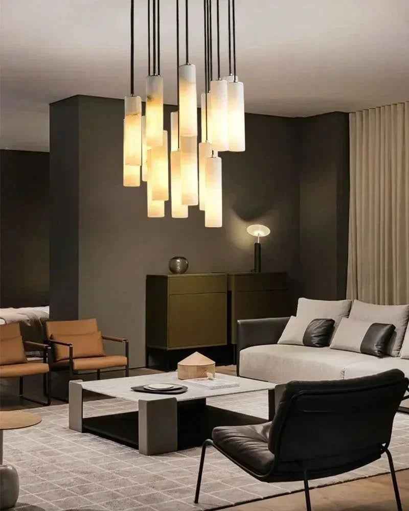 LightsStory Series Geometric Pendant Light | Cylinder Cluster Natural White Alabaster Marble, Brass finish for Modern bedrooms, living rooms, and halls Modern Pendant lamp