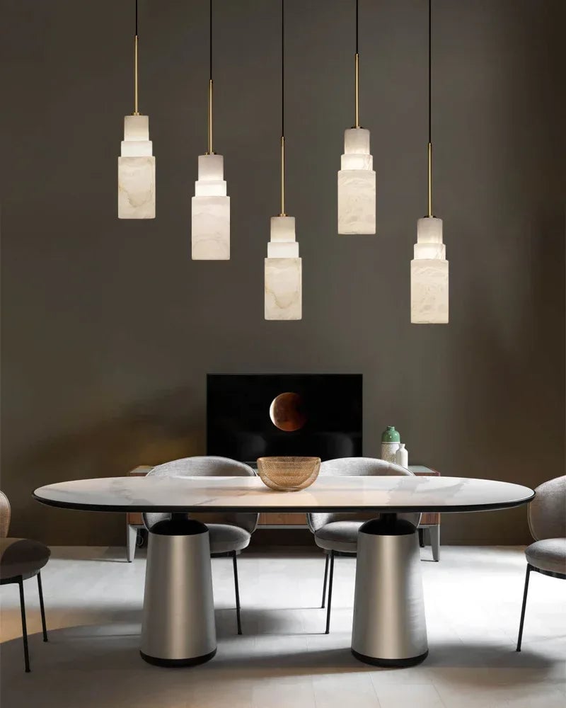 LightsStory Series Geometric Pendant Light | Double Shade Natural Stone and Antique Brass, Antique Aged Copper and Brass for Dining Tables, Kitchen Islands, and Entryways Vintage Simple Hanging Lamp