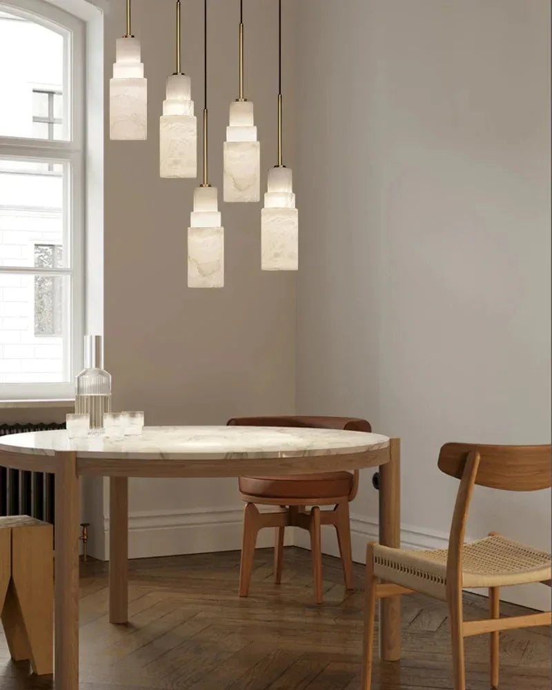 LightsStory Series Geometric Pendant Light | Double Shade Natural Stone and Antique Brass, Antique Aged Copper and Brass for Dining Tables, Kitchen Islands, and Entryways Vintage Simple Hanging Lamp
