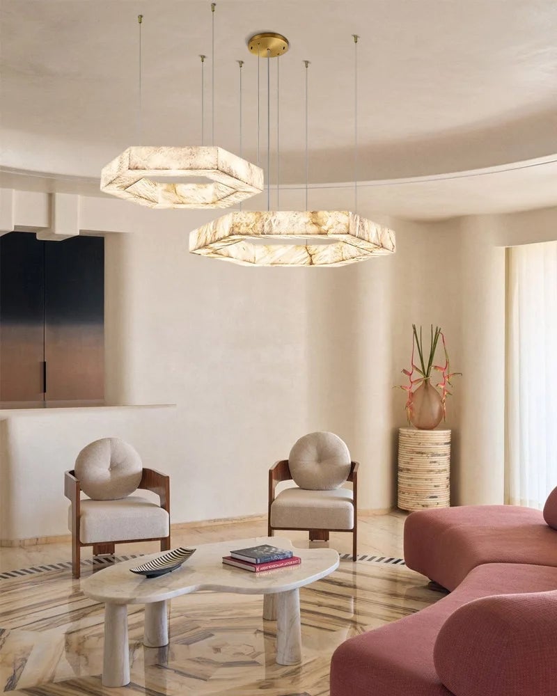 LightsStory Series Geometric Pendant Light | Double/Triple Layered Square Handcrafted Solid Alabaster and Iron, Refined Metalwork for Living rooms, entryways, and luxe dining spaces American Vintage chandelier lamp