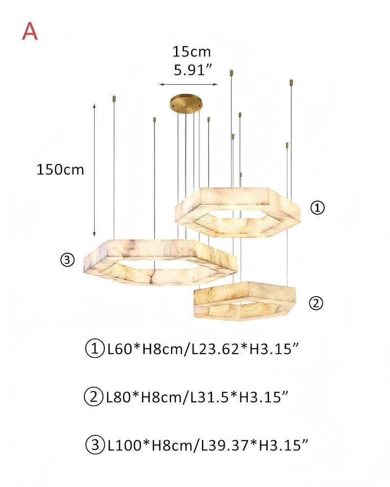 LightsStory Series Geometric Pendant Light | Double/Triple Ring Handcrafted Solid Alabaster and Iron, Gold Stainless Steel finish for Living rooms, entryways, and luxe dining spaces L60+L80+L100CM L23.62“+L31.5“+L39.37"-A White + Gold Vintage Simple Pendant Lamp