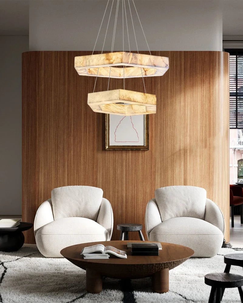 LightsStory Series Geometric Pendant Light | Double/Triple Ring Handcrafted Solid Alabaster and Iron, Gold Stainless Steel finish for Living rooms, entryways, and luxe dining spaces Vintage Simple Pendant Lamp