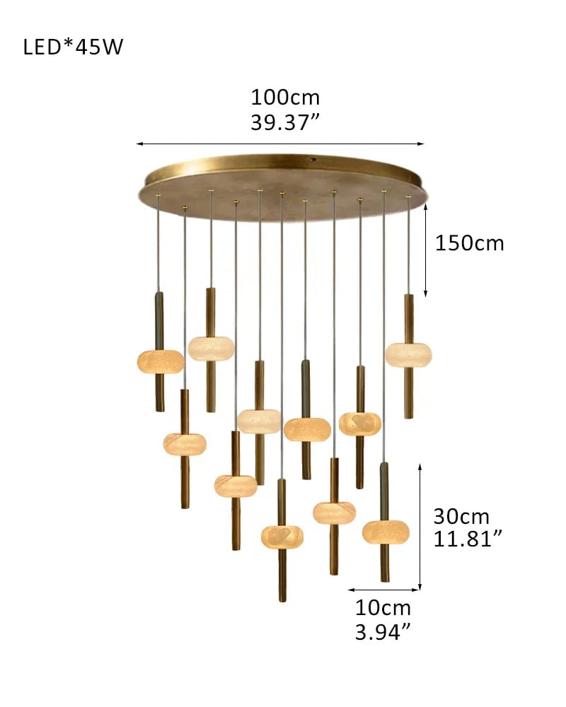LightsStory Series Geometric Pendant Light | Dual Lighting Region Handcrafted Natural Spanish Marble, Durable Black Brass finish for Kitchen Islands and Dining Areas 11-Light-L10*H30CM L3.9"*H11.8" White + Brass Modern Pendant lamp