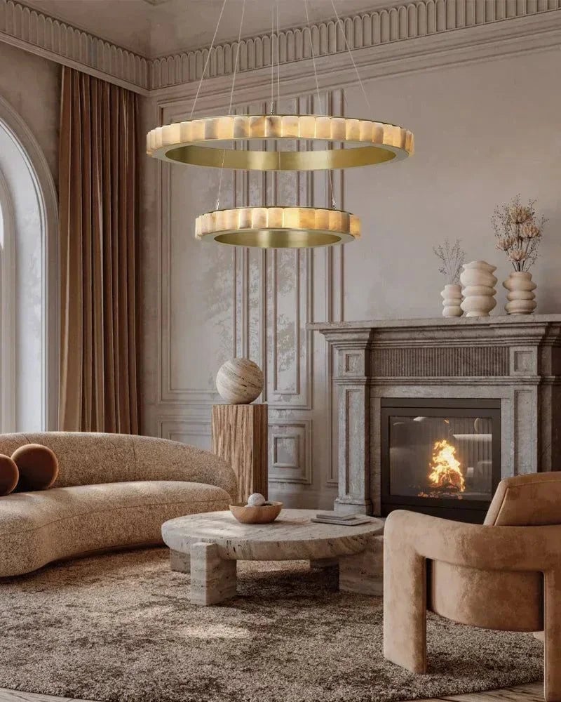 LightsStory Series Geometric Pendant Light | Dual-Tier Sculptural Hand-polished Natural Alabaster Marble, Satin-black steel finish for Entrance foyers, dining rooms, and minimalist interiors American chandelier
