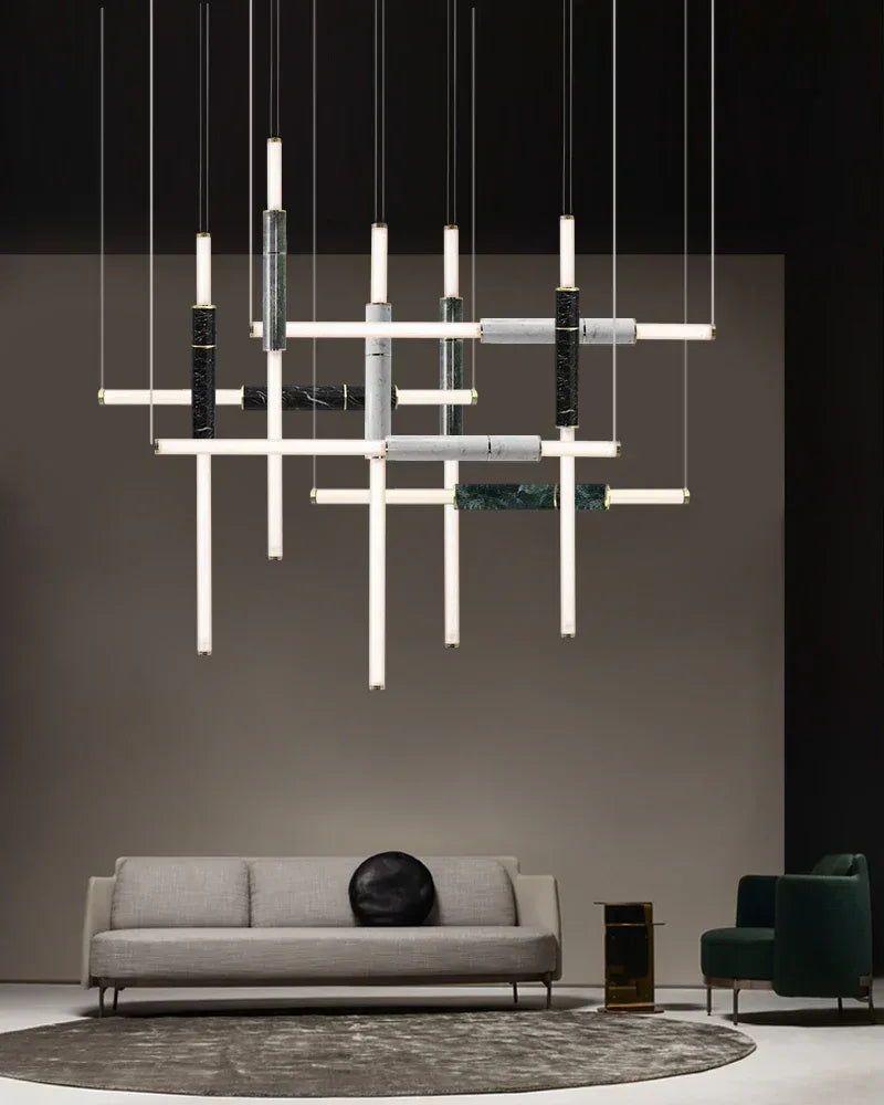 LightsStory Series Geometric Pendant Light | Linear Pipe Polished marble and frosted glass with solid brass and aluminum, Solid Brass and Aluminum finish for Dining Rooms and Living Spaces Modern Pendant lamp