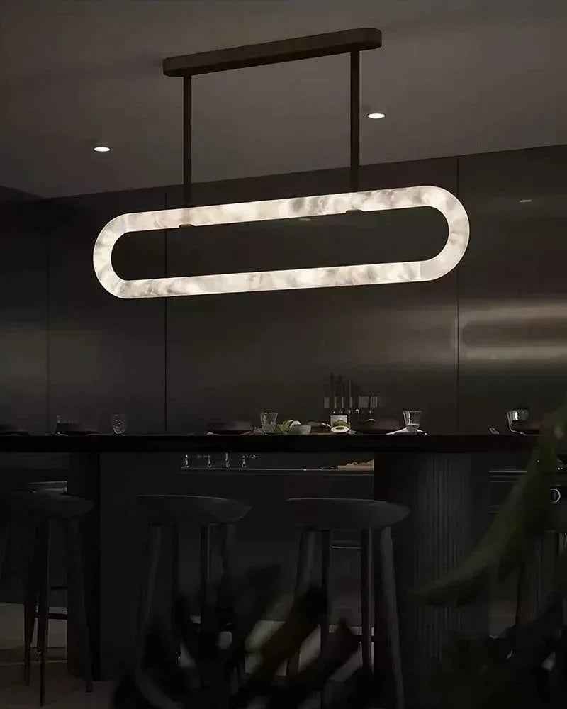 LightsStory Series Geometric Pendant Light | Oval Halo Ring Natural Alabaster Stone and Braided Leather, Matte Black and Brass for Modern Kitchen Islands and Dining Areas American chandelier